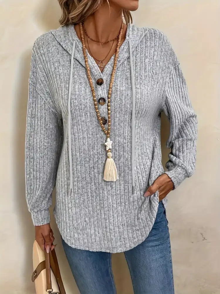 Casual Ribbed Button Detail Hoodie