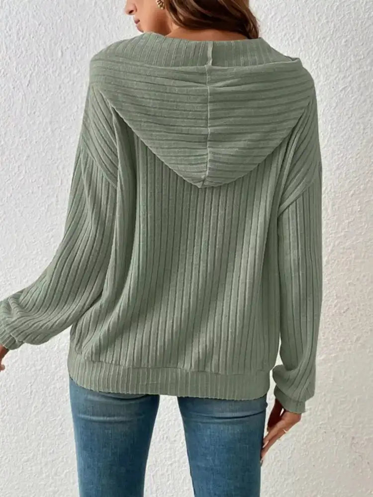 Casual Ribbed Knit Drawstring Hoodie