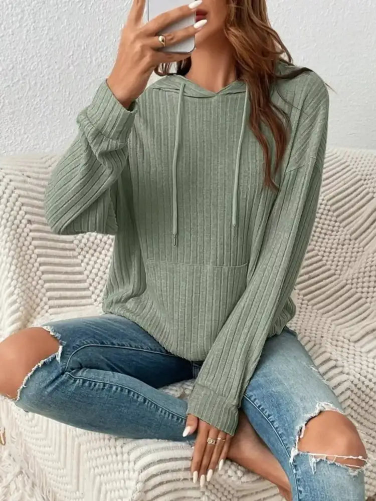 Casual Ribbed Knit Drawstring Hoodie