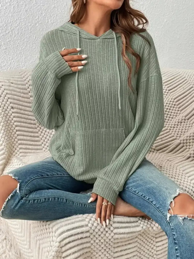 Casual Ribbed Knit Drawstring Hoodie