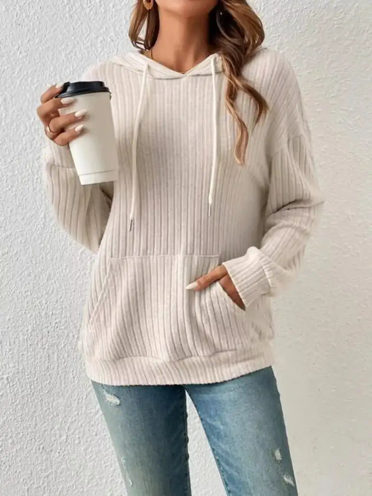 Casual Ribbed Knit Drawstring Hoodie