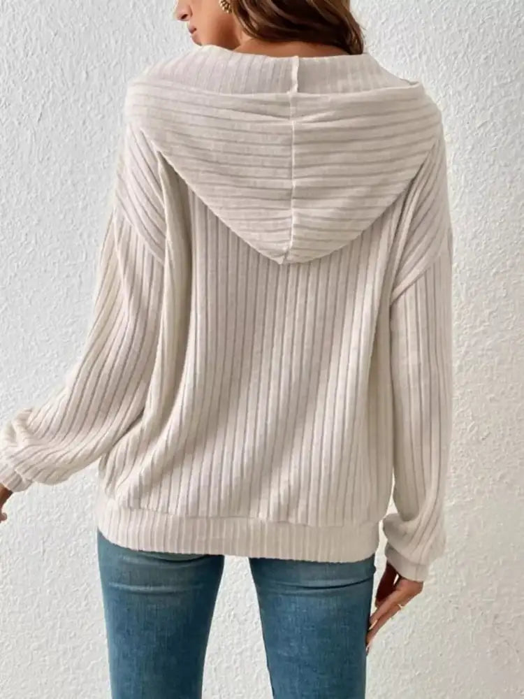 Casual Ribbed Knit Drawstring Hoodie