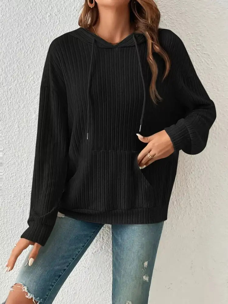 Casual Ribbed Knit Drawstring Hoodie