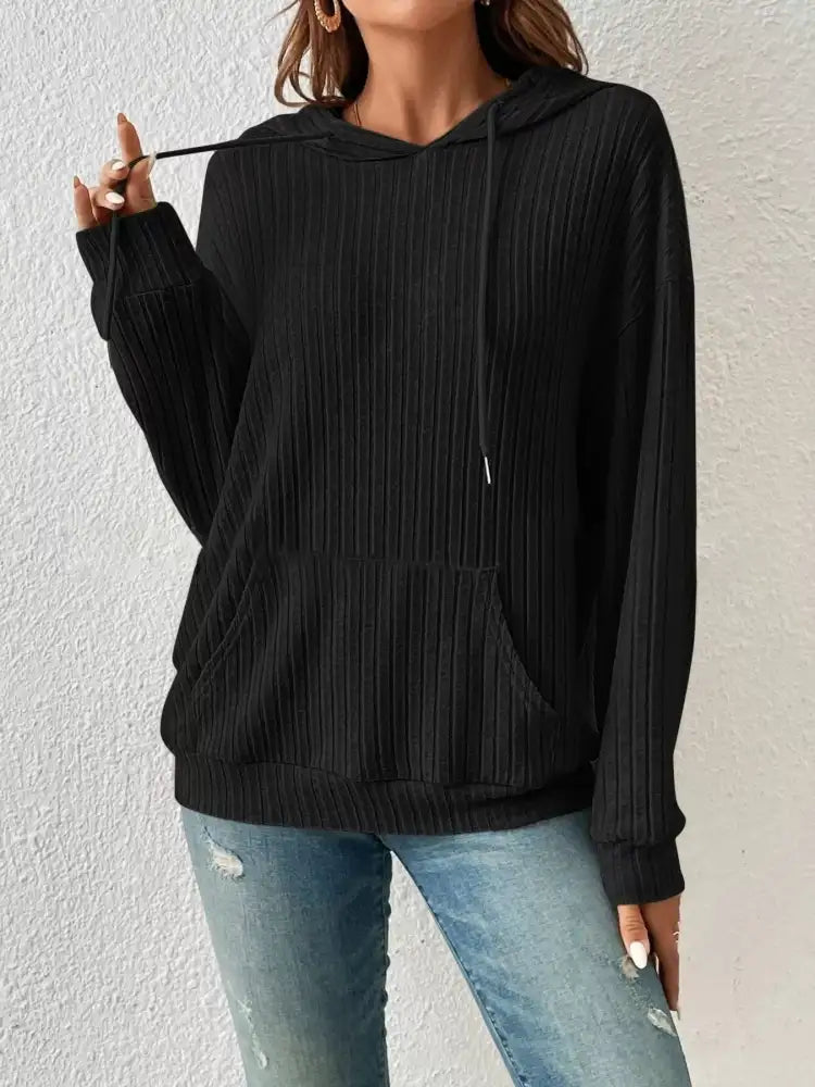 Casual Ribbed Knit Drawstring Hoodie