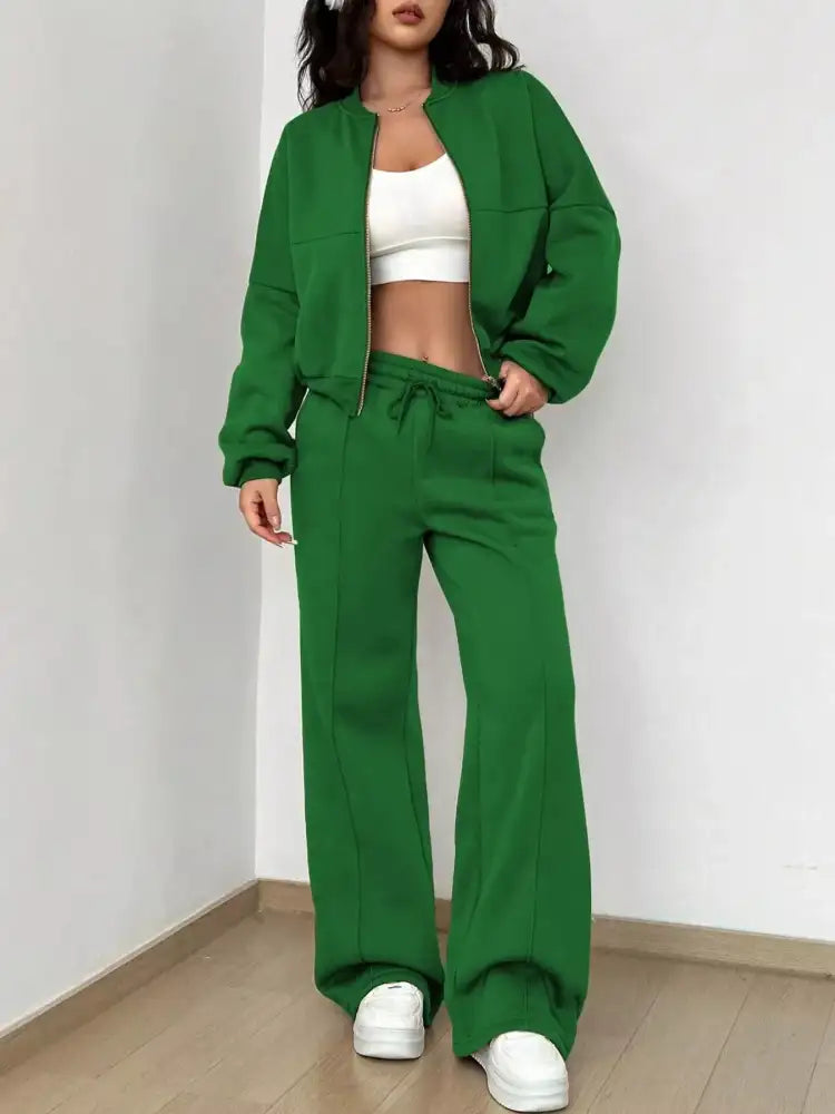 Casual Solid Color Zipper Jacket and Wide Leg Pants Set