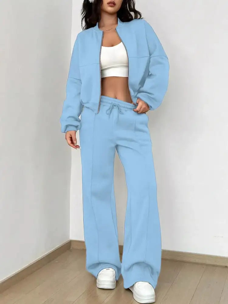 Casual Solid Color Zipper Jacket and Wide Leg Pants Set