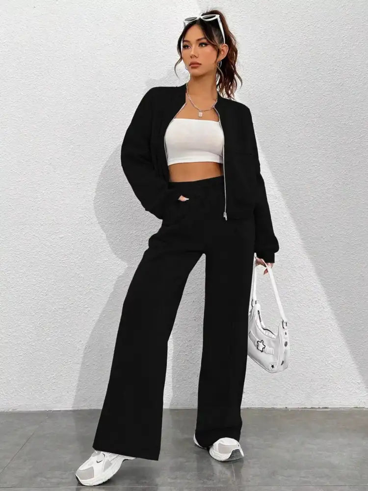 Casual Solid Color Zipper Jacket and Wide Leg Pants Set