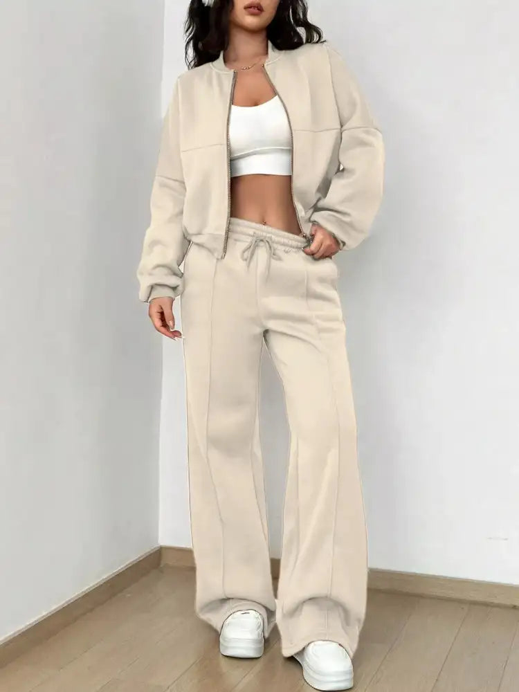 Casual Solid Color Zipper Jacket and Wide Leg Pants Set