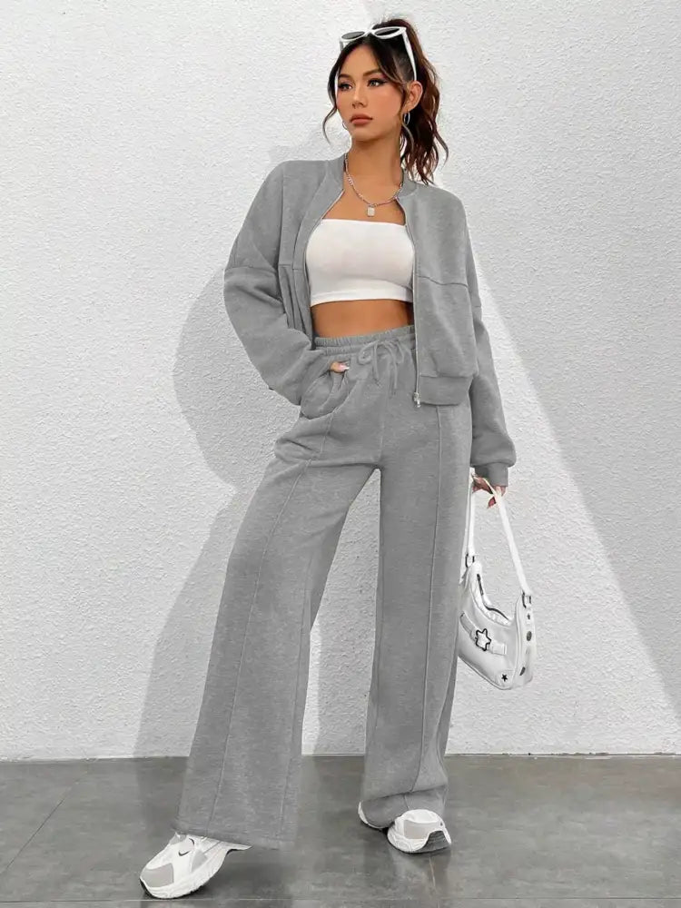 Casual Solid Color Zipper Jacket and Wide Leg Pants Set