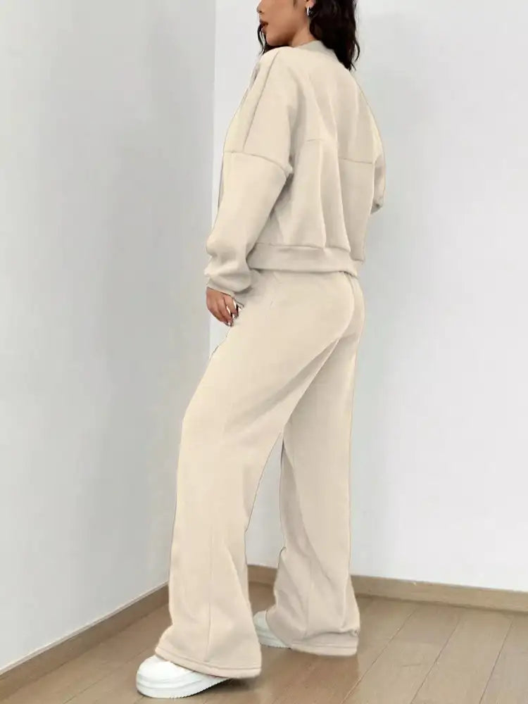 Casual Solid Color Zipper Jacket and Wide Leg Pants Set