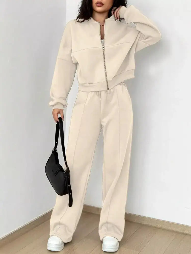 Casual Solid Color Zipper Jacket and Wide Leg Pants Set