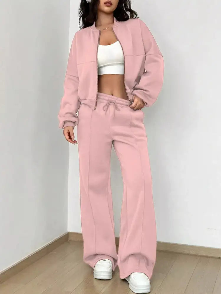 Casual Solid Color Zipper Jacket and Wide Leg Pants Set