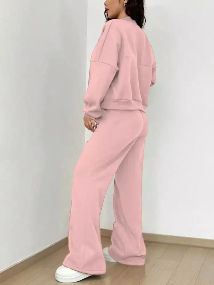 Casual Solid Color Zipper Jacket and Wide Leg Pants Set