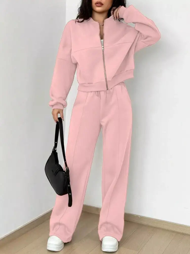 Casual Solid Color Zipper Jacket and Wide Leg Pants Set