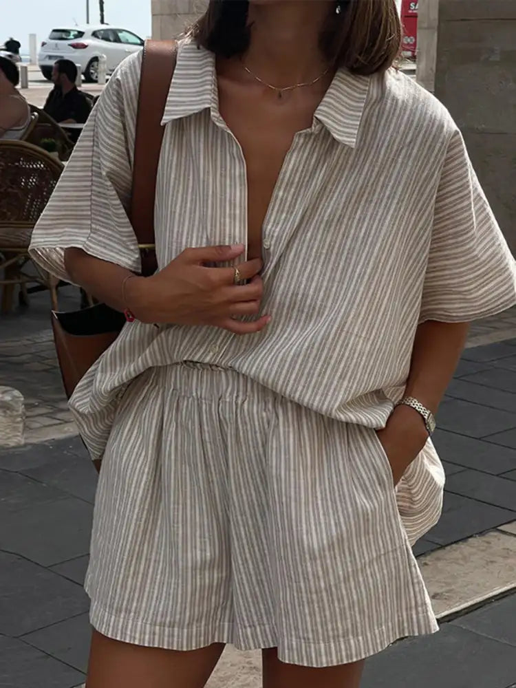 Casual Striped Short Sleeve Top and Shorts Two-Piece Set