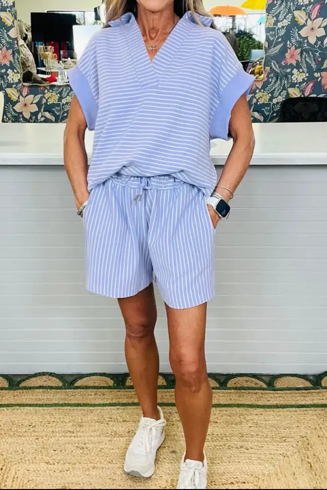 Casual Striped Short Sleeve Top and Shorts Two-Piece Set