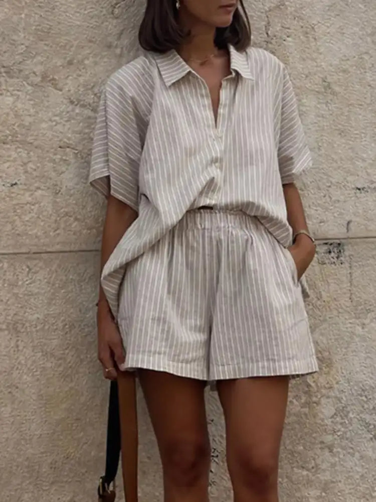 Casual Striped Short Sleeve Top and Shorts Two-Piece Set