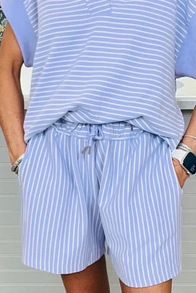 Casual Striped Short Sleeve Top and Shorts Two-Piece Set