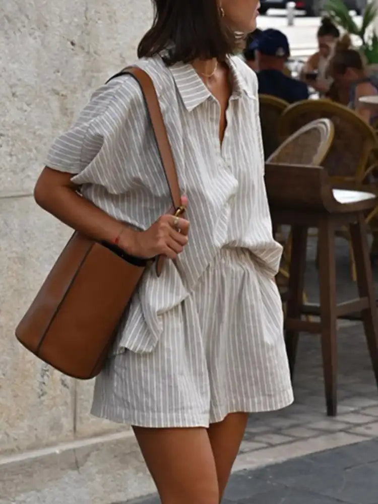 Casual Striped Short Sleeve Top and Shorts Two-Piece Set