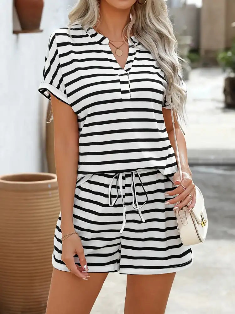 Casual Striped Short Sleeve Top and Shorts Two-Piece Set