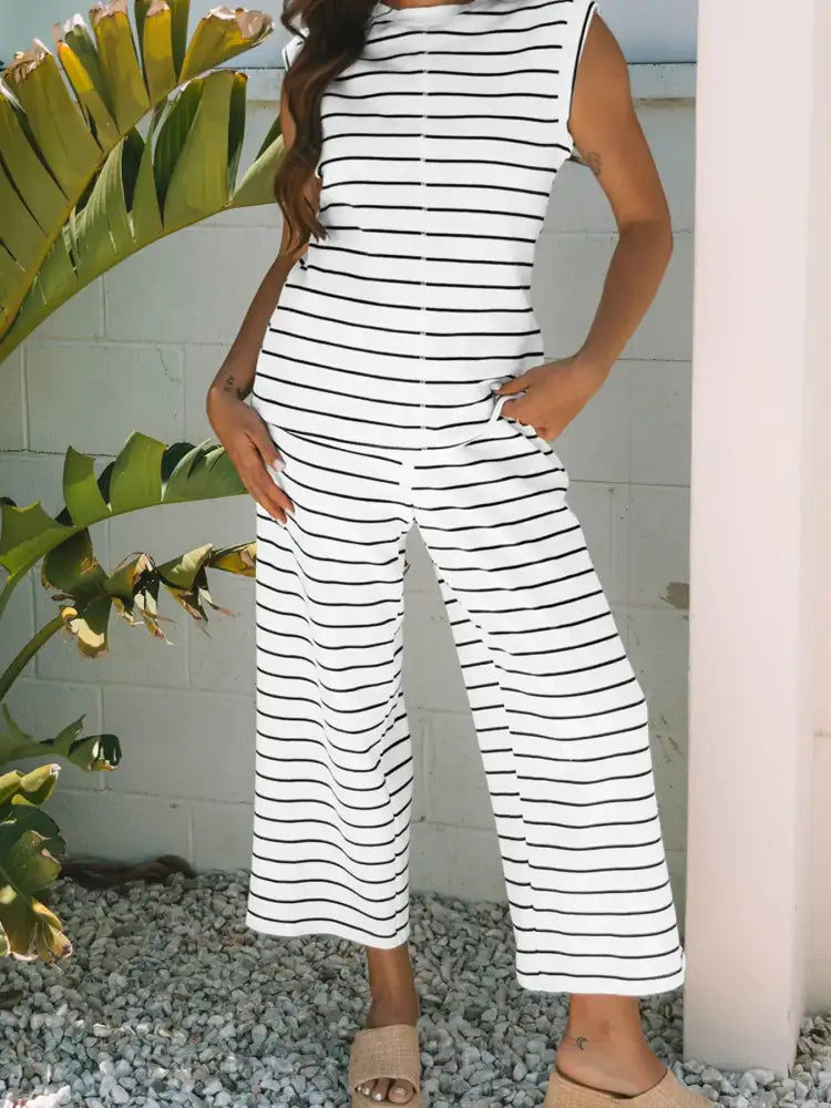 Casual Striped Tank and Wide Leg Pants 2pcs Set