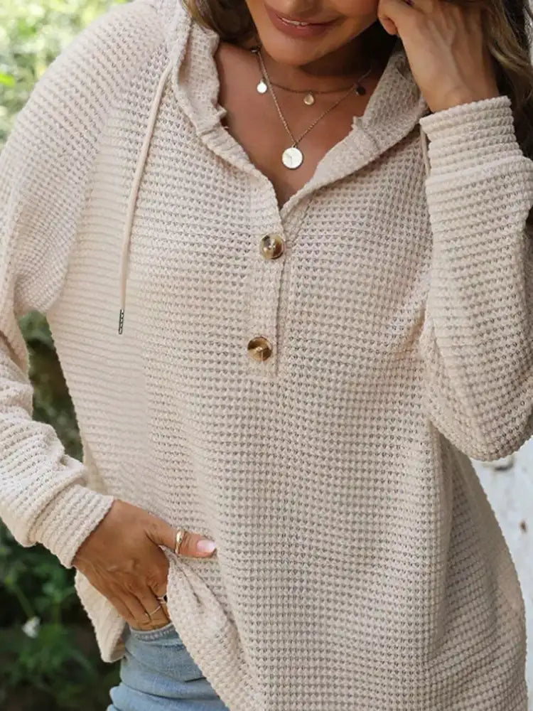 Casual Waffle Knit Button Detail Hoodie