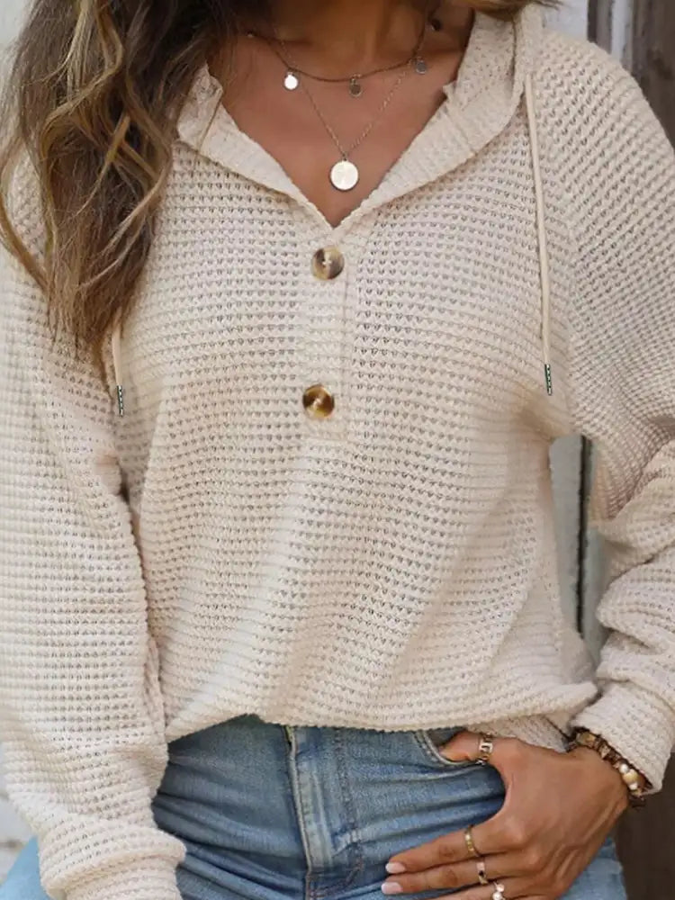 Casual Waffle Knit Button Detail Hoodie