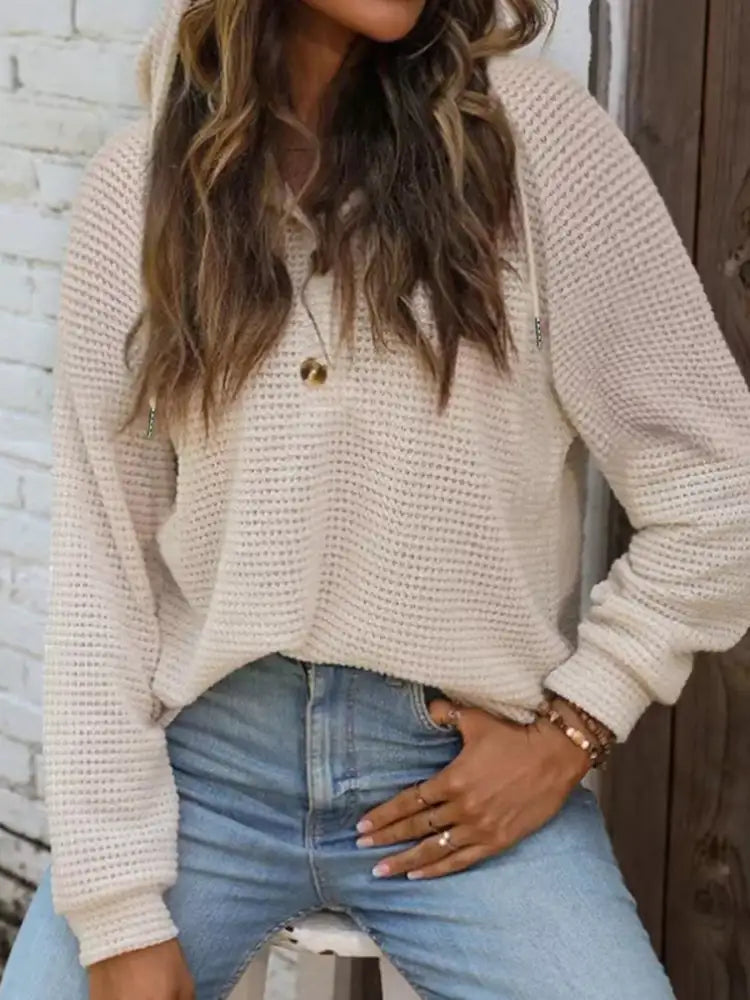 Casual Waffle Knit Button Detail Hoodie