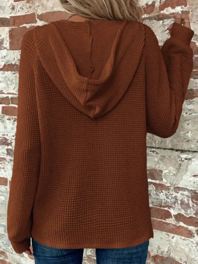 Casual Waffle Knit Button Detail Hoodie