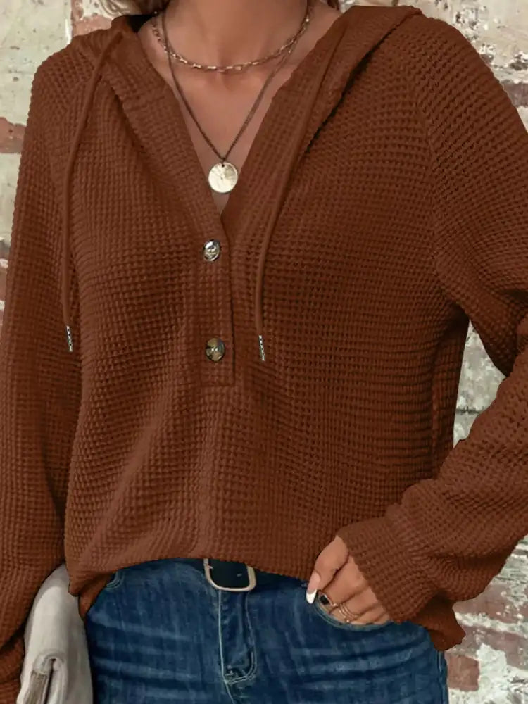 Casual Waffle Knit Button Detail Hoodie