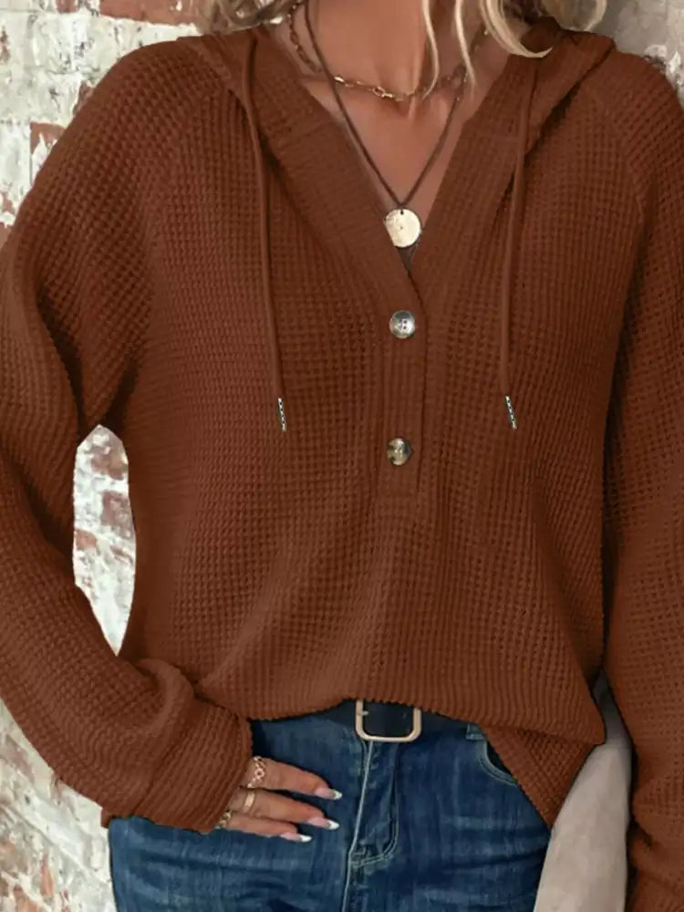 Casual Waffle Knit Button Detail Hoodie