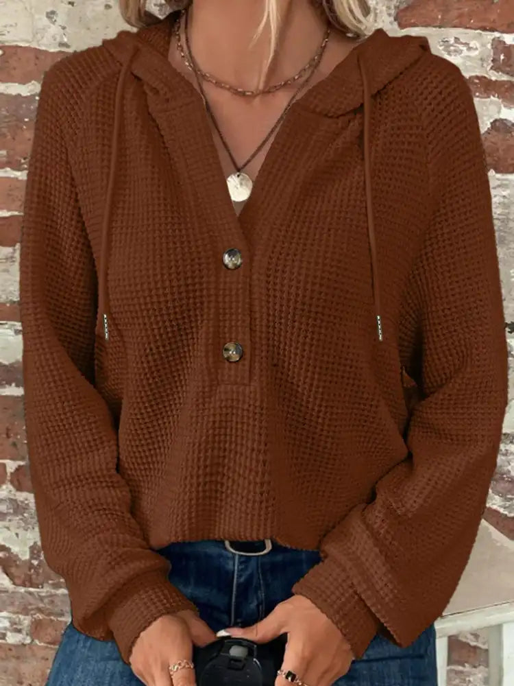 Casual Waffle Knit Button Detail Hoodie