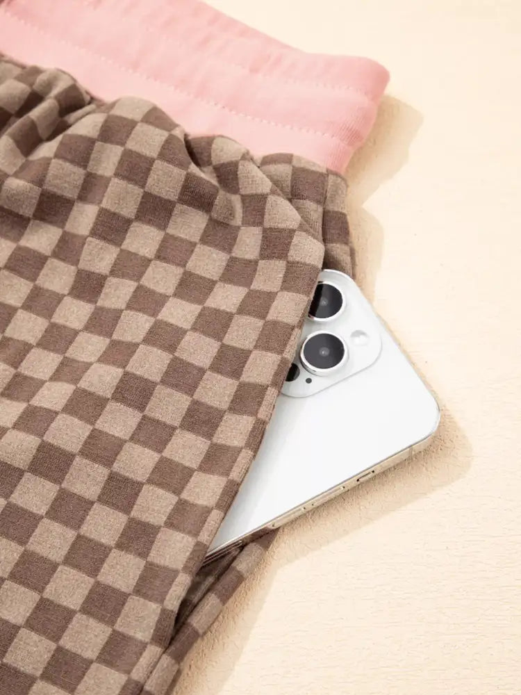 Checkerboard Long Sleeve Pullover and Shorts Set