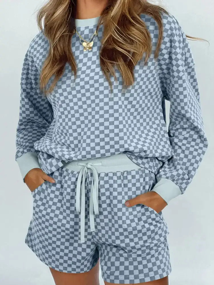 Checkerboard Long Sleeve Pullover and Shorts Set