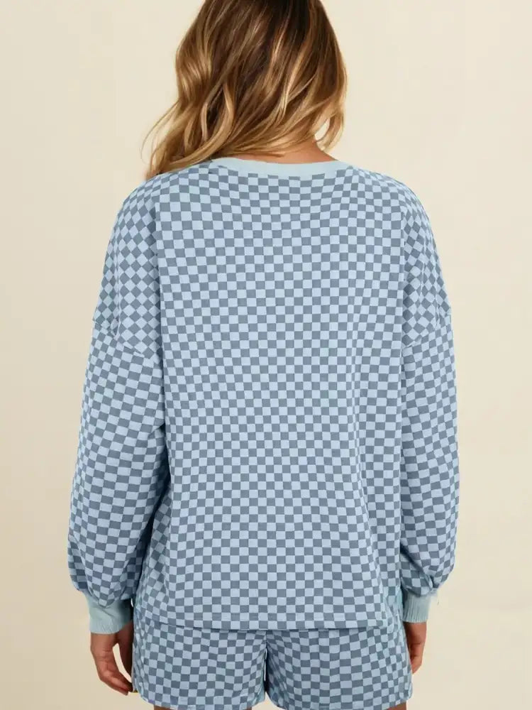 Checkerboard Long Sleeve Pullover and Shorts Set