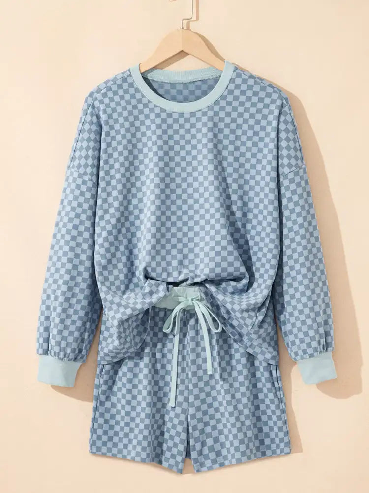 Checkerboard Long Sleeve Pullover and Shorts Set