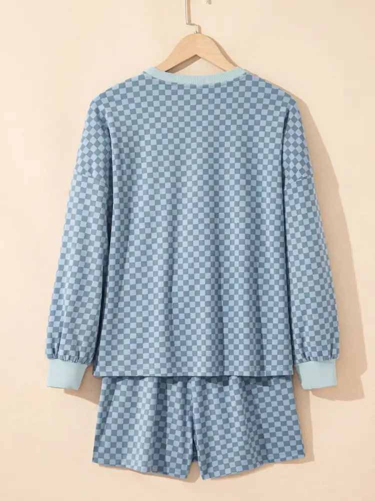 Checkerboard Long Sleeve Pullover and Shorts Set