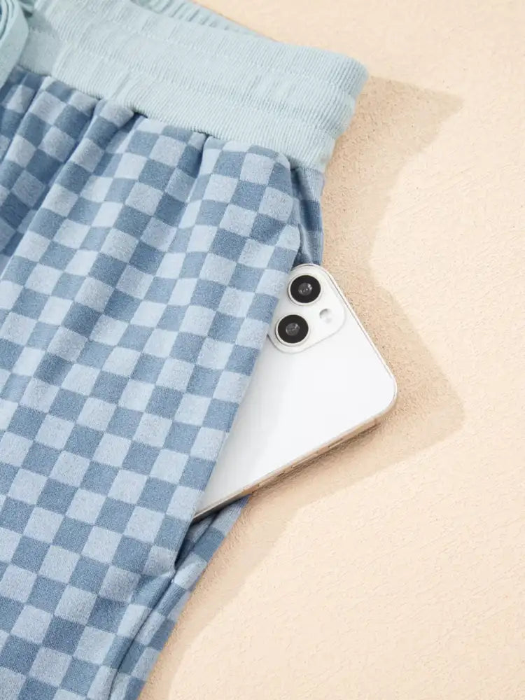 Checkerboard Long Sleeve Pullover and Shorts Set