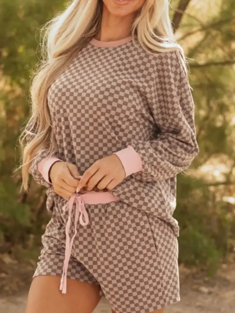 Checkerboard Long Sleeve Pullover and Shorts Set