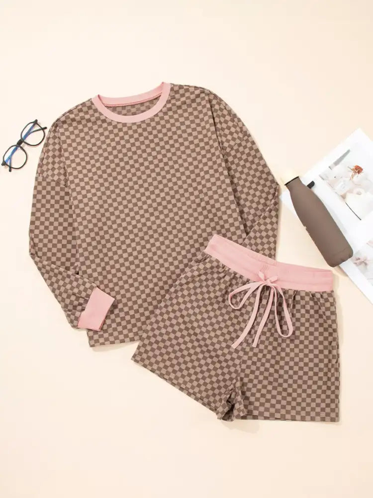 Checkerboard Long Sleeve Pullover and Shorts Set