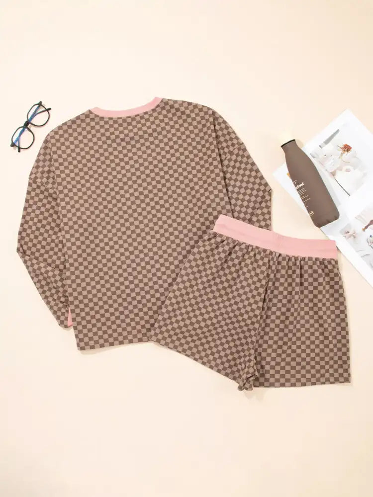 Checkerboard Long Sleeve Pullover and Shorts Set