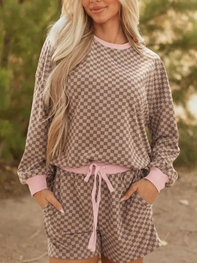 Checkerboard Long Sleeve Pullover and Shorts Set