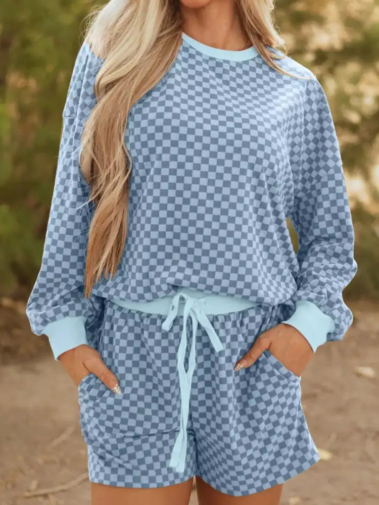 Checkerboard Long Sleeve Pullover and Shorts Set
