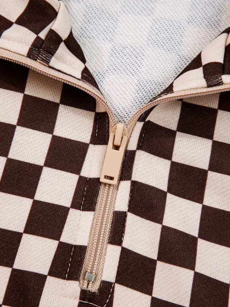 Checkered Drawstring Hoodie and Pants Set