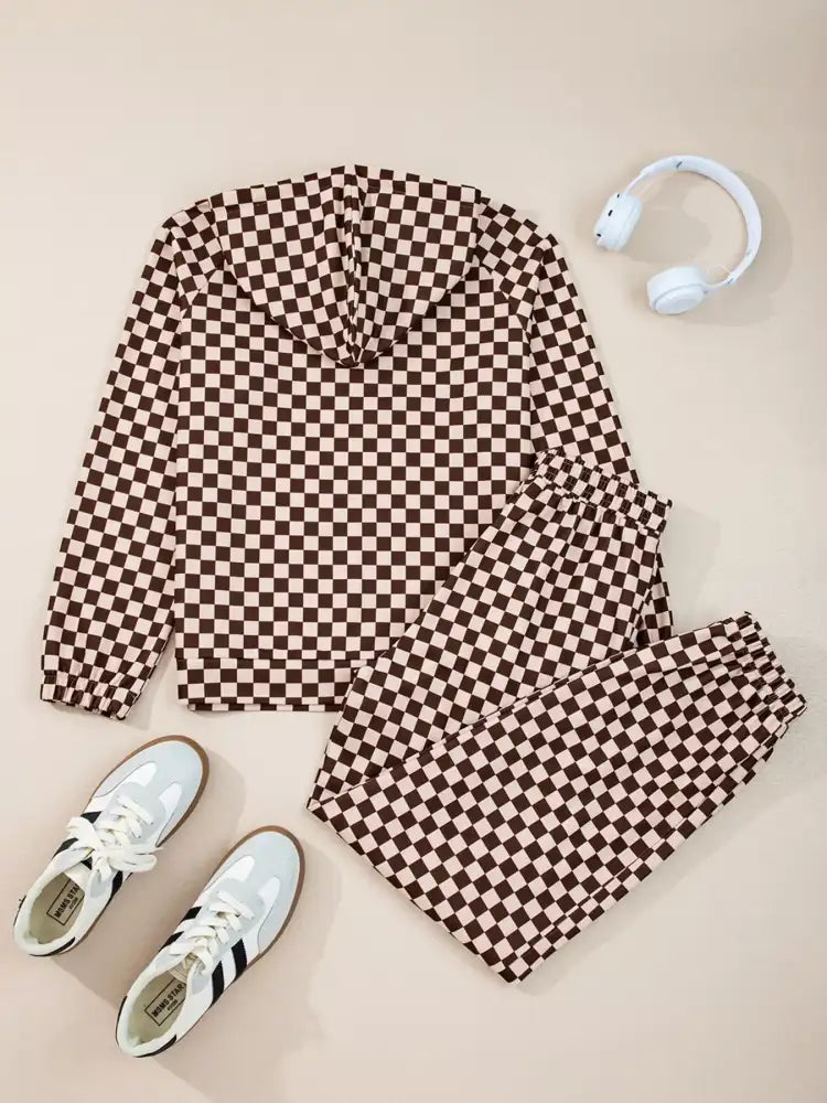 Checkered Drawstring Hoodie and Pants Set
