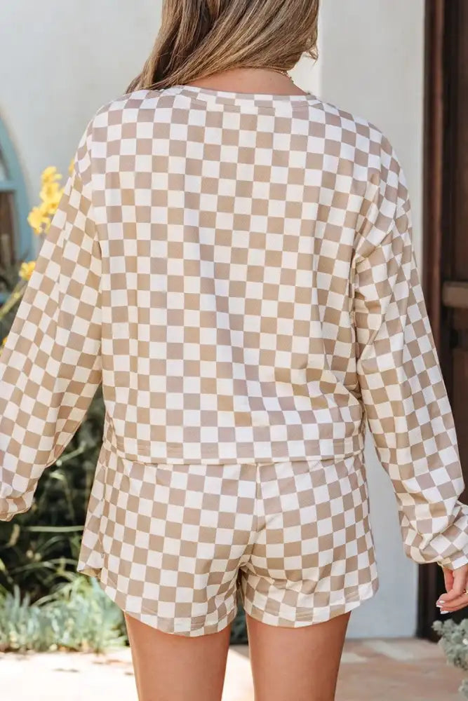 Checkered Long Sleeve Top and Skirt Two-Piece Set