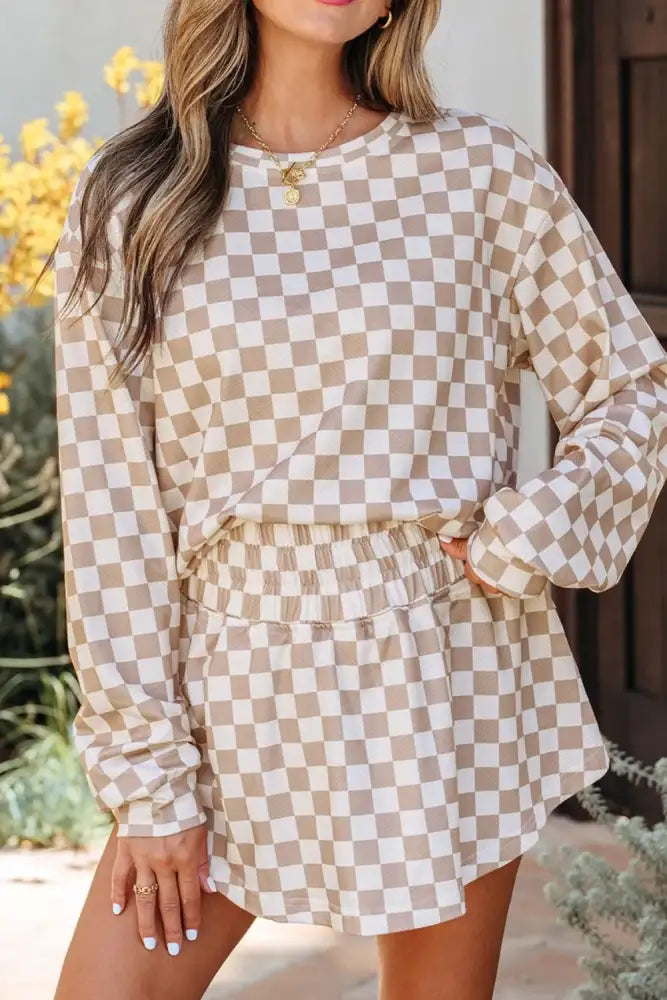 Checkered Long Sleeve Top and Skirt Two-Piece Set