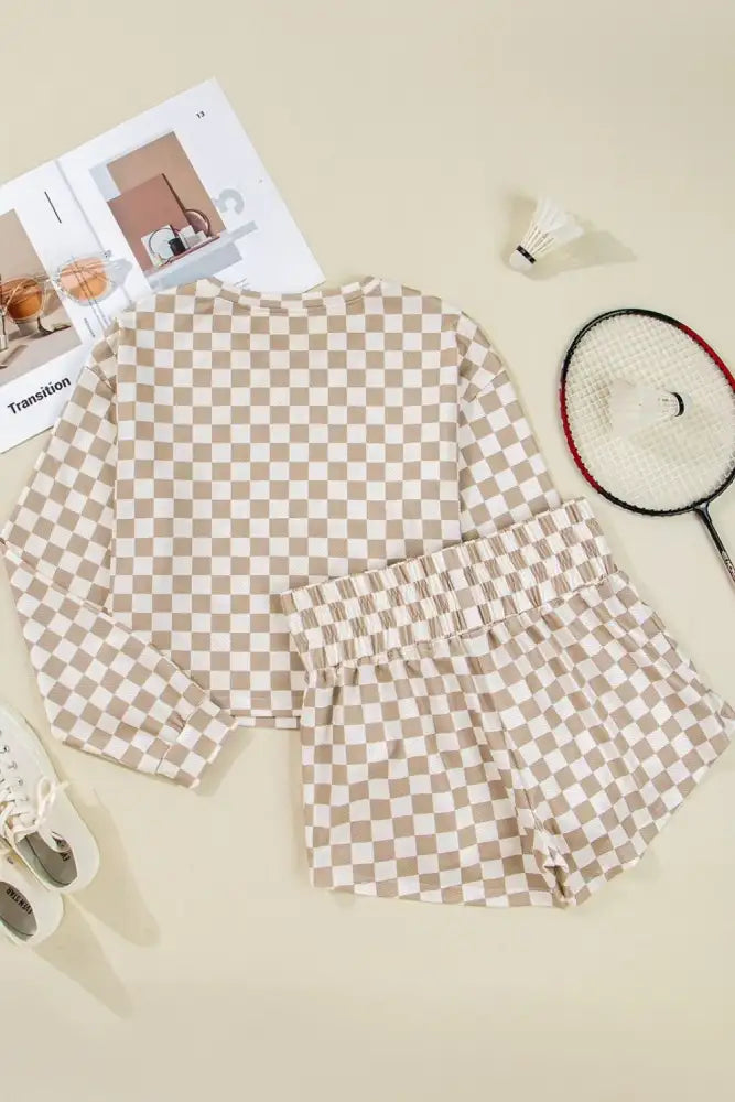Checkered Long Sleeve Top and Skirt Two-Piece Set