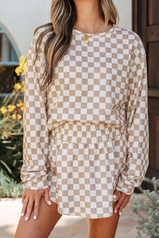 Checkered Long Sleeve Top and Skirt Two-Piece Set