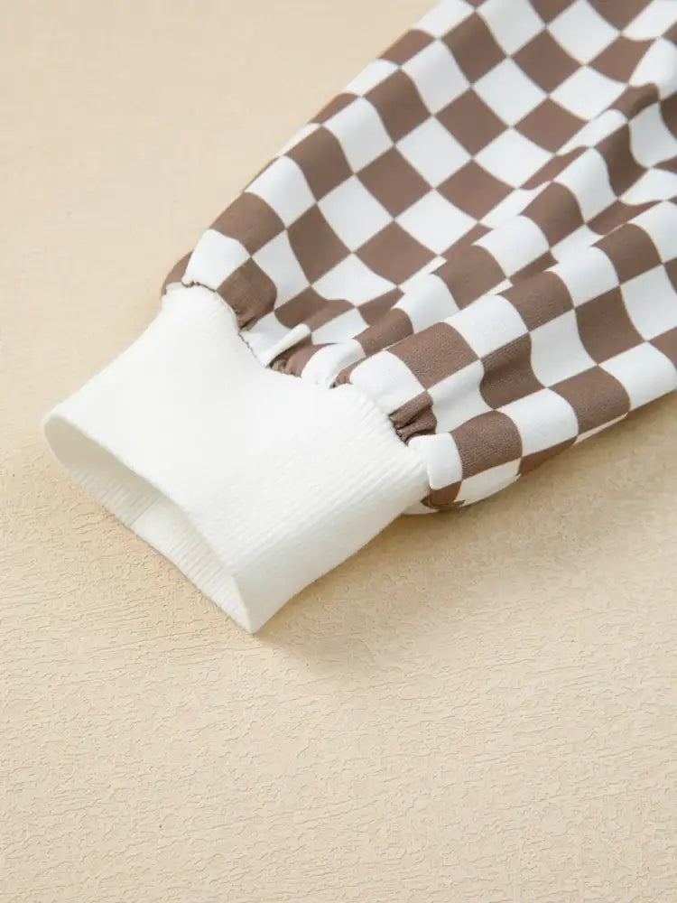 Checkered Print Polo Collar Cropped Long Sleeve Top and Drawstring Mini Skirt Set